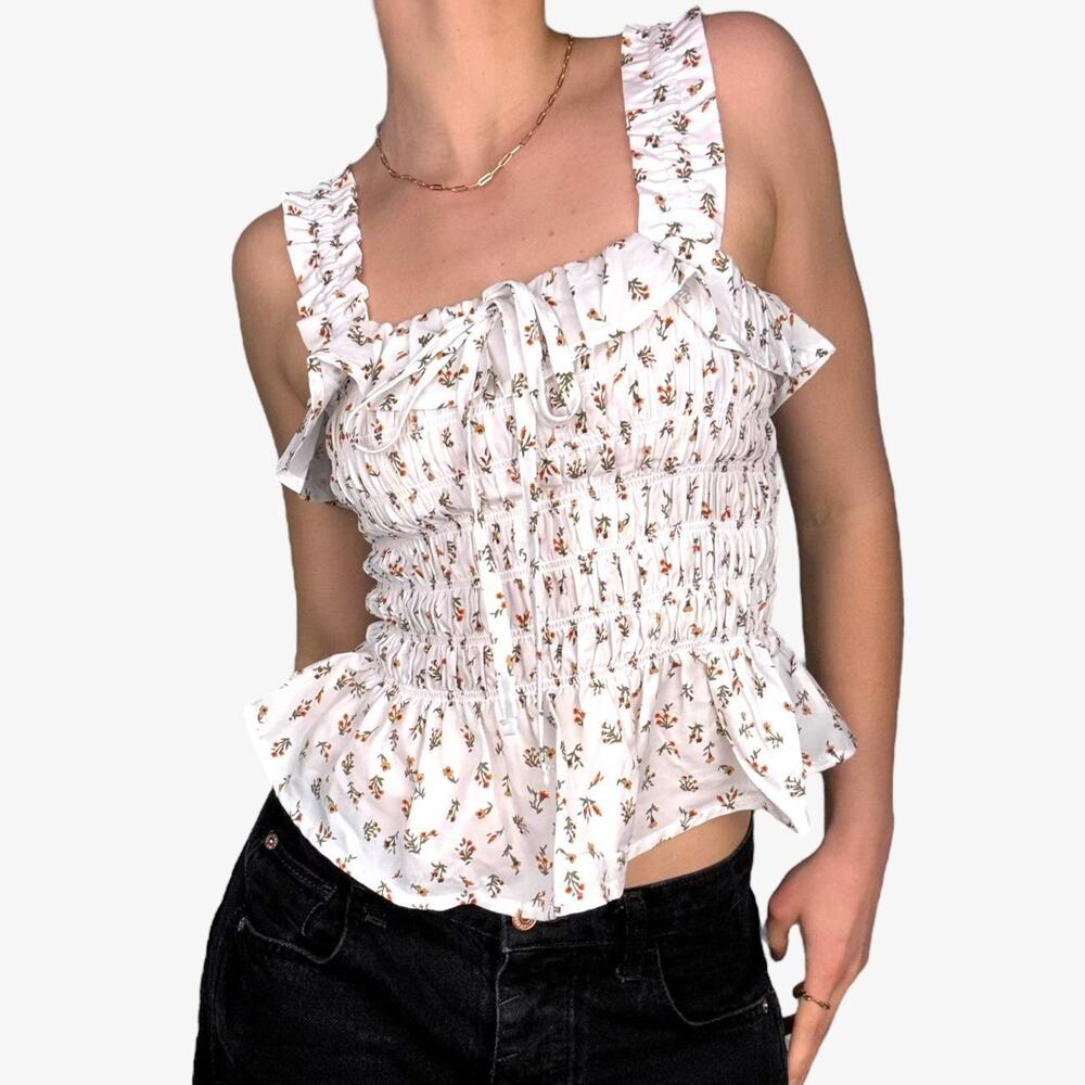 White floral ruffle blouse shirred form fitted from suite 2939 - would fit XS/S